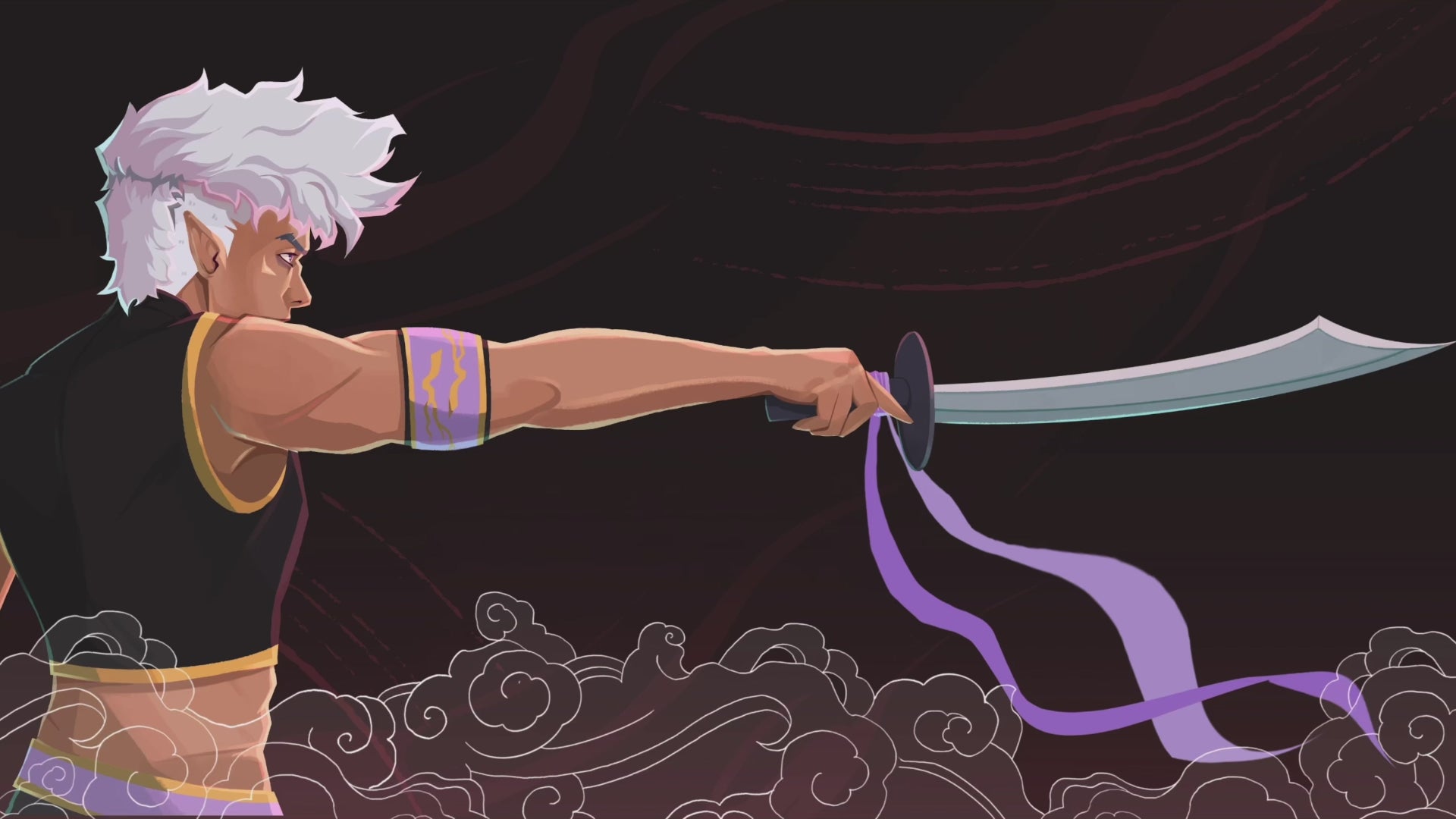 Load video: Comic character Hemlock, a swordsman with a white mullet, on a red background. He has his sword outstretched  from a side view,